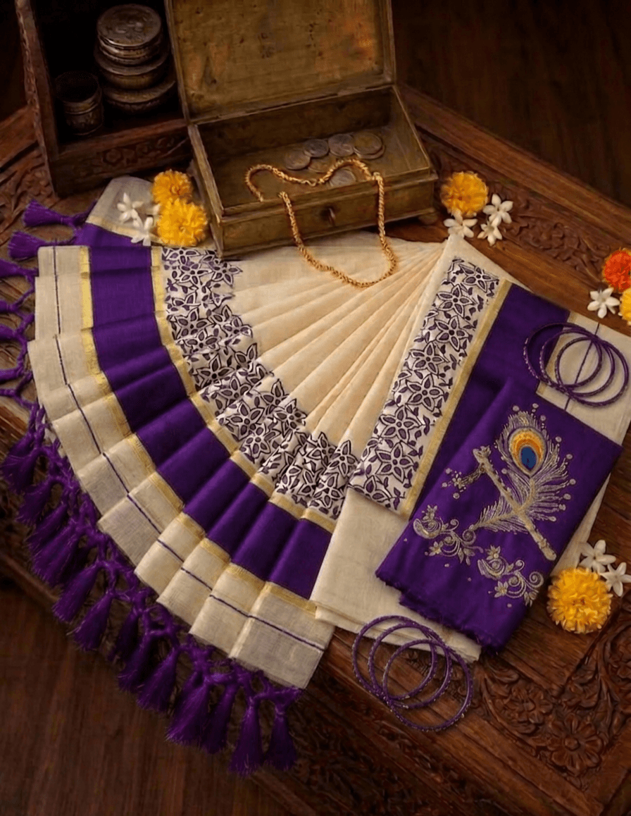 Violet Mayura Setsaree | With Embroidered Blouse | Limited Edition